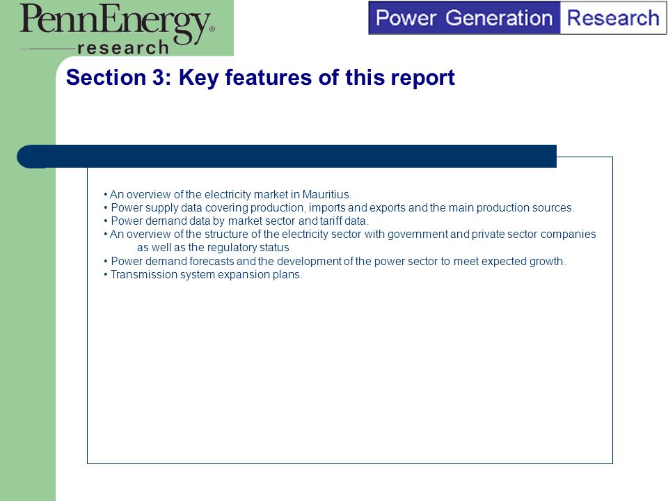BI Marketing Analyst input into report marketing Section 3: Key features of this report An overview of the electricity market in Mauritius.