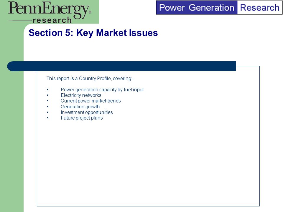 BI Marketing Analyst input into report marketing Section 5: Key Market Issues This report is a Country Profile, covering:- Power generation capacity by fuel input Electricity networks Current power market trends Generation growth Investment opportunities Future project plans