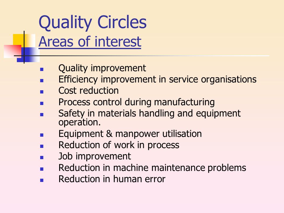 Quality Circles Areas of interest Quality improvement Efficiency improvement in service organisations Cost reduction Process control during manufacturing Safety in materials handling and equipment operation.