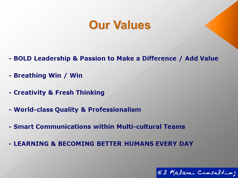 - BOLD Leadership & Passion to Make a Difference / Add Value - Breathing Win / Win - Creativity & Fresh Thinking - World-class Quality & Professionalism - Smart Communications within Multi-cultural Teams - LEARNING & BECOMING BETTER HUMANS EVERY DAY Our Values