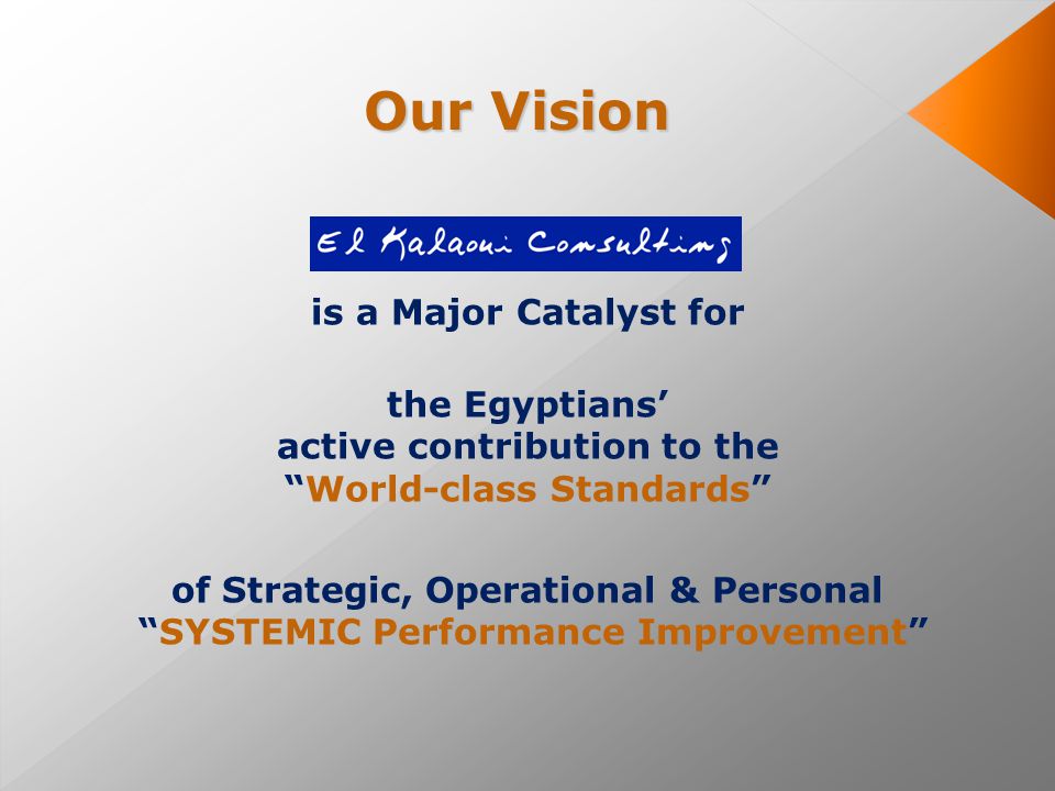 Our Vision is a Major Catalyst for the Egyptians’ active contribution to the World-class Standards of Strategic, Operational & Personal SYSTEMIC Performance Improvement