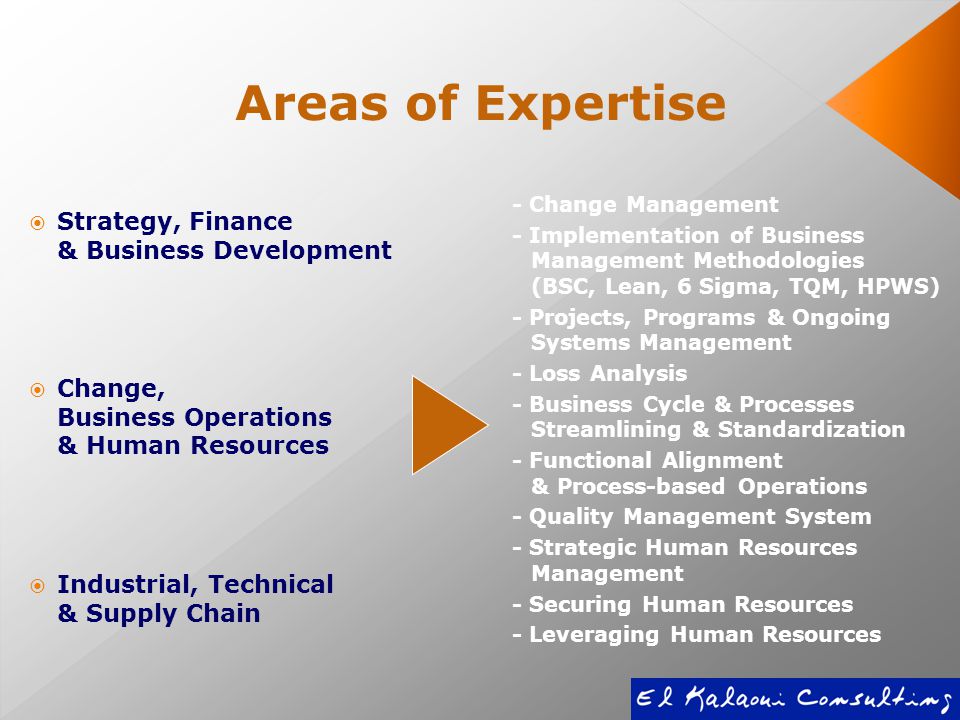 Areas of Expertise  Strategy, Finance & Business Development  Change, Business Operations & Human Resources  Industrial, Technical & Supply Chain - Change Management - Implementation of Business Management Methodologies (BSC, Lean, 6 Sigma, TQM, HPWS) - Projects, Programs & Ongoing Systems Management - Loss Analysis - Business Cycle & Processes Streamlining & Standardization - Functional Alignment & Process-based Operations - Quality Management System - Strategic Human Resources Management - Securing Human Resources - Leveraging Human Resources