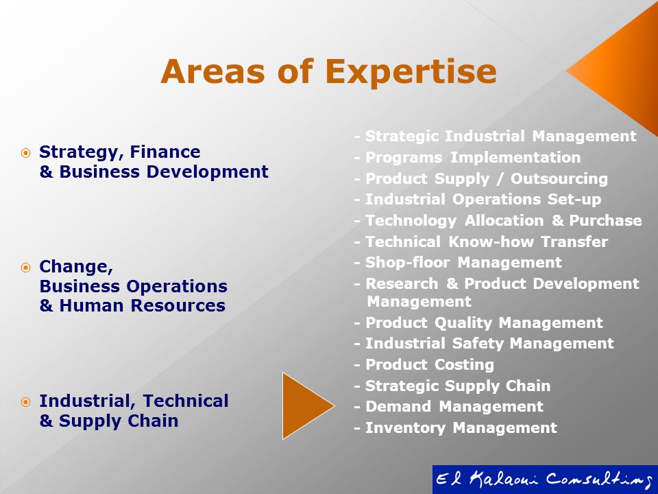 Areas of Expertise  Strategy, Finance & Business Development  Change, Business Operations & Human Resources  Industrial, Technical & Supply Chain - Strategic Industrial Management - Programs Implementation - Product Supply / Outsourcing - Industrial Operations Set-up - Technology Allocation & Purchase - Technical Know-how Transfer - Shop-floor Management - Research & Product Development Management - Product Quality Management - Industrial Safety Management - Product Costing - Strategic Supply Chain - Demand Management - Inventory Management