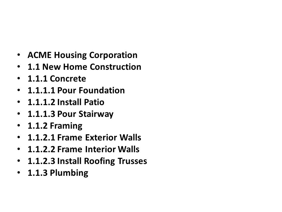 ACME Housing Corporation 1.1 New Home Construction Concrete Pour Foundation Install Patio Pour Stairway Framing Frame Exterior Walls Frame Interior Walls Install Roofing Trusses Plumbing