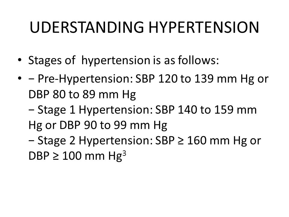 UDERSTANDING HYPERTENSION Stages of hypertension is as follows: − Pre-Hypertension: SBP 120 to 139 mm Hg or DBP 80 to 89 mm Hg − Stage 1 Hypertension: SBP 140 to 159 mm Hg or DBP 90 to 99 mm Hg − Stage 2 Hypertension: SBP ≥ 160 mm Hg or DBP ≥ 100 mm Hg 3