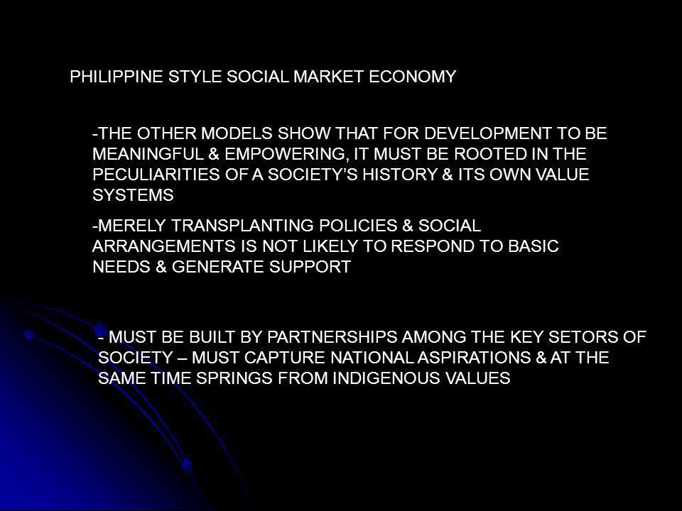 PHILIPPINE STYLE SOCIAL MARKET ECONOMY -THE OTHER MODELS SHOW THAT FOR DEVELOPMENT TO BE MEANINGFUL & EMPOWERING, IT MUST BE ROOTED IN THE PECULIARITIES OF A SOCIETY’S HISTORY & ITS OWN VALUE SYSTEMS -MERELY TRANSPLANTING POLICIES & SOCIAL ARRANGEMENTS IS NOT LIKELY TO RESPOND TO BASIC NEEDS & GENERATE SUPPORT - MUST BE BUILT BY PARTNERSHIPS AMONG THE KEY SETORS OF SOCIETY – MUST CAPTURE NATIONAL ASPIRATIONS & AT THE SAME TIME SPRINGS FROM INDIGENOUS VALUES