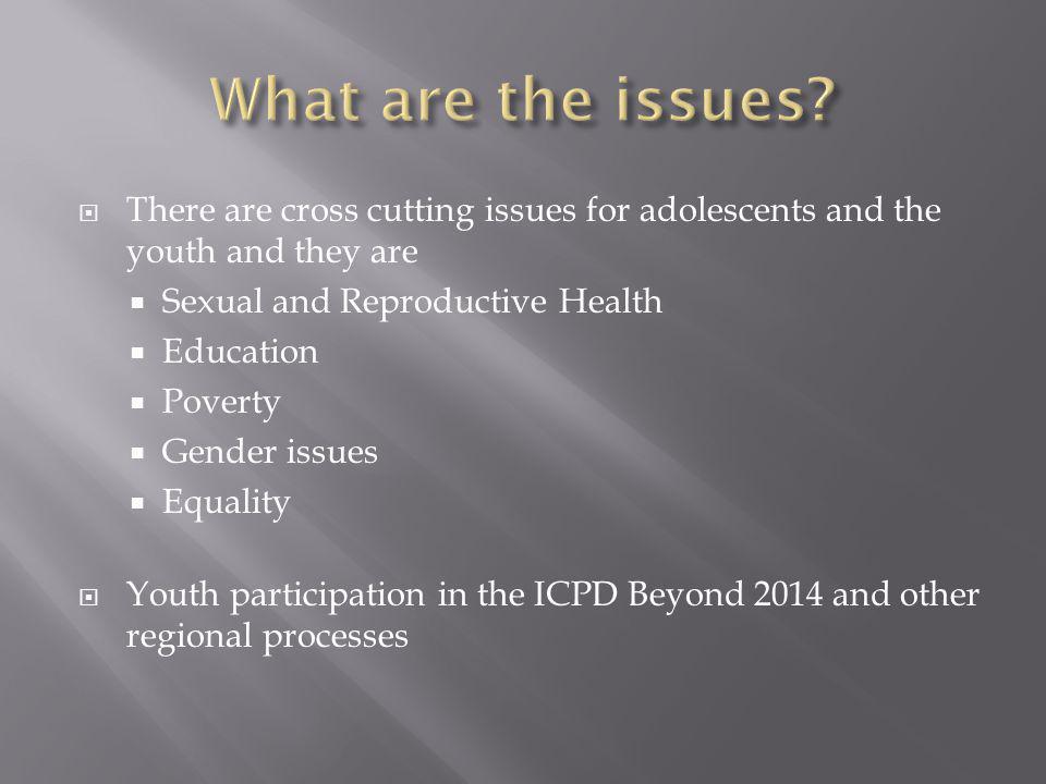 There are cross cutting issues for adolescents and the youth and they are  Sexual and Reproductive Health  Education  Poverty  Gender issues  Equality  Youth participation in the ICPD Beyond 2014 and other regional processes