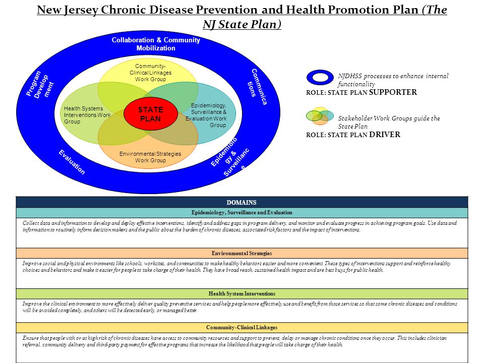 Epidemiolo gy & Surveillanc e Collaboration & Community Mobilization Communica tions Program Develop ment Evaluation - x - - Community- Clinical Linkages Work Group Epidemiology, Surveillance & Evaluation Work Group Environmental Strategies Work Group Health Systems Interventions Work Group STATE PLAN NJDHSS processes to enhance internal functionality x x x x Stakeholder Work Groups guide the State Plan New Jersey Chronic Disease Prevention and Health Promotion Plan (The NJ State Plan) ROLE: STATE PLAN SUPPORTER ROLE: STATE PLAN DRIVER DOMAINS Epidemiology, Surveillance and Evaluation Collect data and information to develop and deploy effective interventions, identify and address gaps in program delivery, and monitor and evaluate progress in achieving program goals.