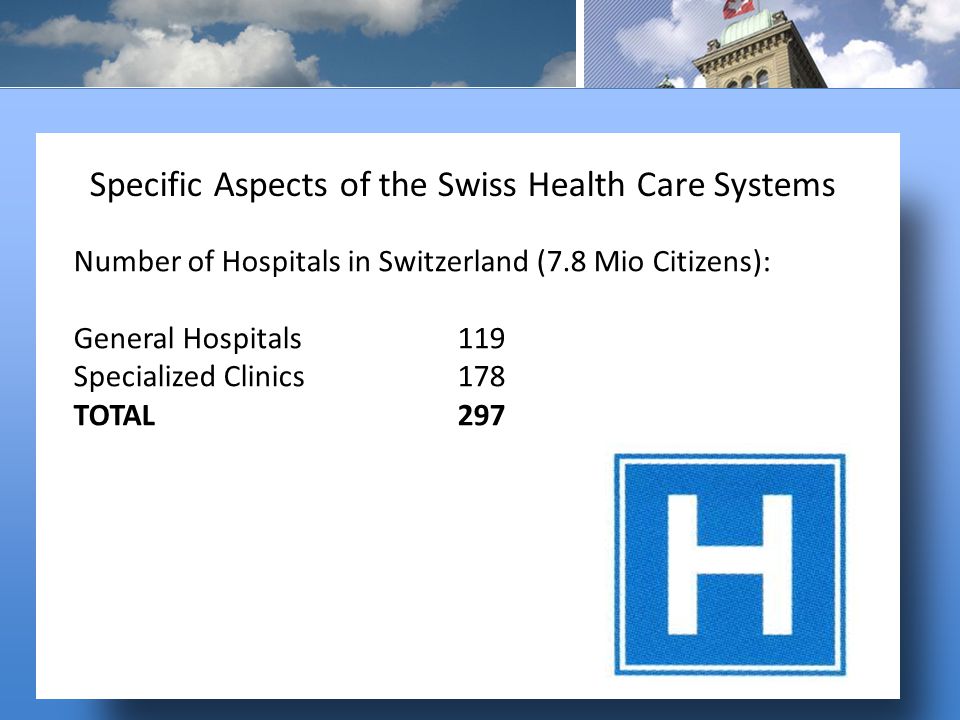 Number of Hospitals in Switzerland (7.8 Mio Citizens): General Hospitals119 Specialized Clinics178 TOTAL297 Specific Aspects of the Swiss Health Care Systems