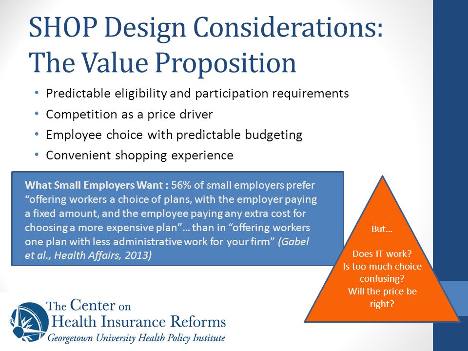 SHOP Design Considerations: The Value Proposition Predictable eligibility and participation requirements Competition as a price driver Employee choice with predictable budgeting Convenient shopping experience What Small Employers Want : 56% of small employers prefer offering workers a choice of plans, with the employer paying a fixed amount, and the employee paying any extra cost for choosing a more expensive plan … than in offering workers one plan with less administrative work for your firm (Gabel et al., Health Affairs, 2013) But… Does IT work.