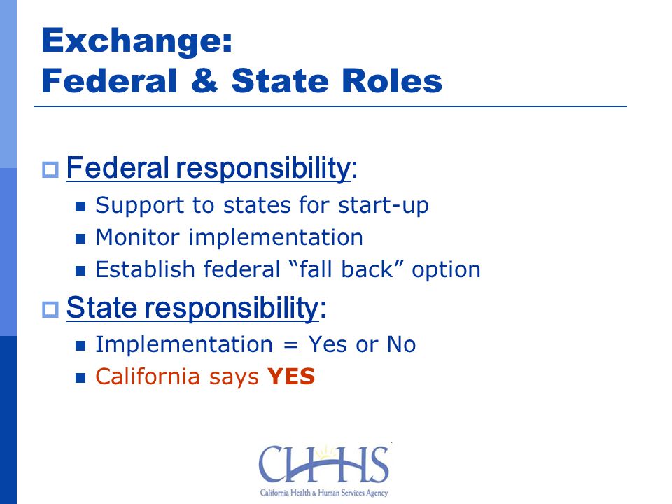 Exchange: Federal & State Roles  Federal responsibility: Support to states for start-up Monitor implementation Establish federal fall back option  State responsibility: Implementation = Yes or No California says YES