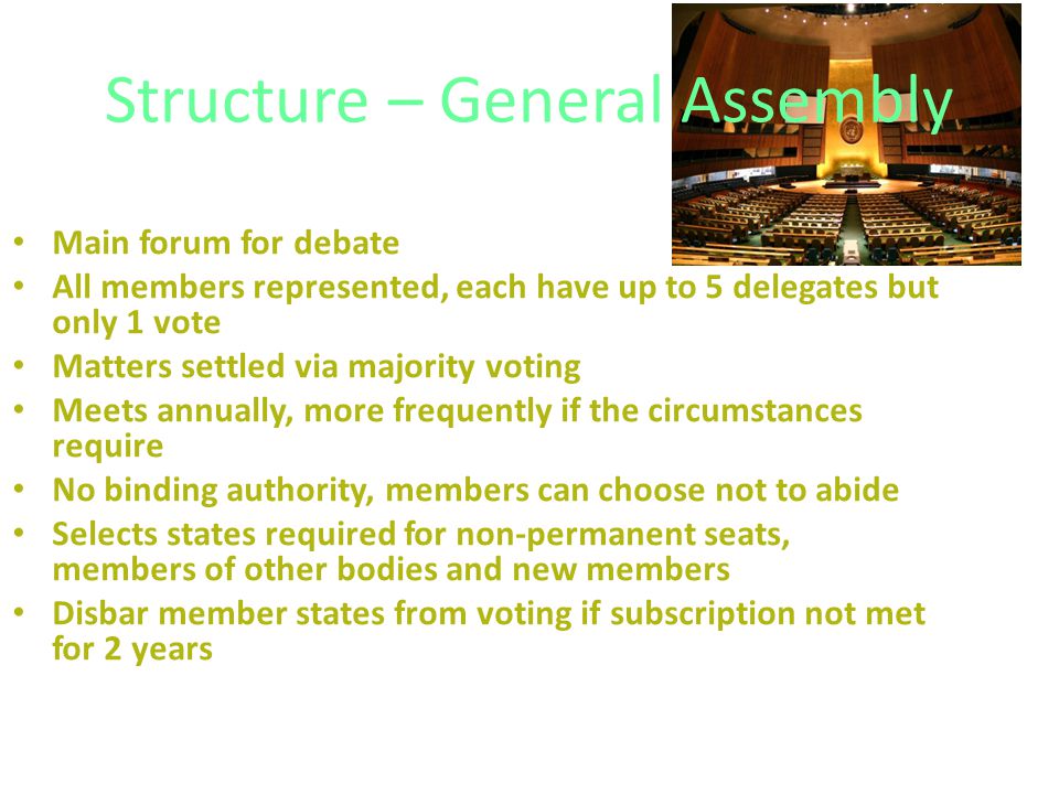 Structure – General Assembly Main forum for debate All members represented, each have up to 5 delegates but only 1 vote Matters settled via majority voting Meets annually, more frequently if the circumstances require No binding authority, members can choose not to abide Selects states required for non-permanent seats, members of other bodies and new members Disbar member states from voting if subscription not met for 2 years