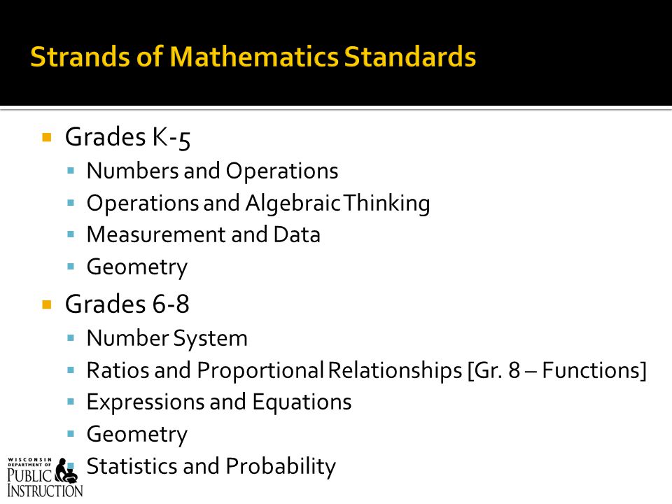  Grades K-5  Numbers and Operations  Operations and Algebraic Thinking  Measurement and Data  Geometry  Grades 6-8  Number System  Ratios and Proportional Relationships [Gr.