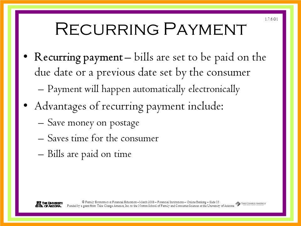 1.7.6.G1 © Family Economics & Financial Education –March 2008 – Financial Institutions – Online Banking – Slide 15 Funded by a grant from Take Charge America, Inc.