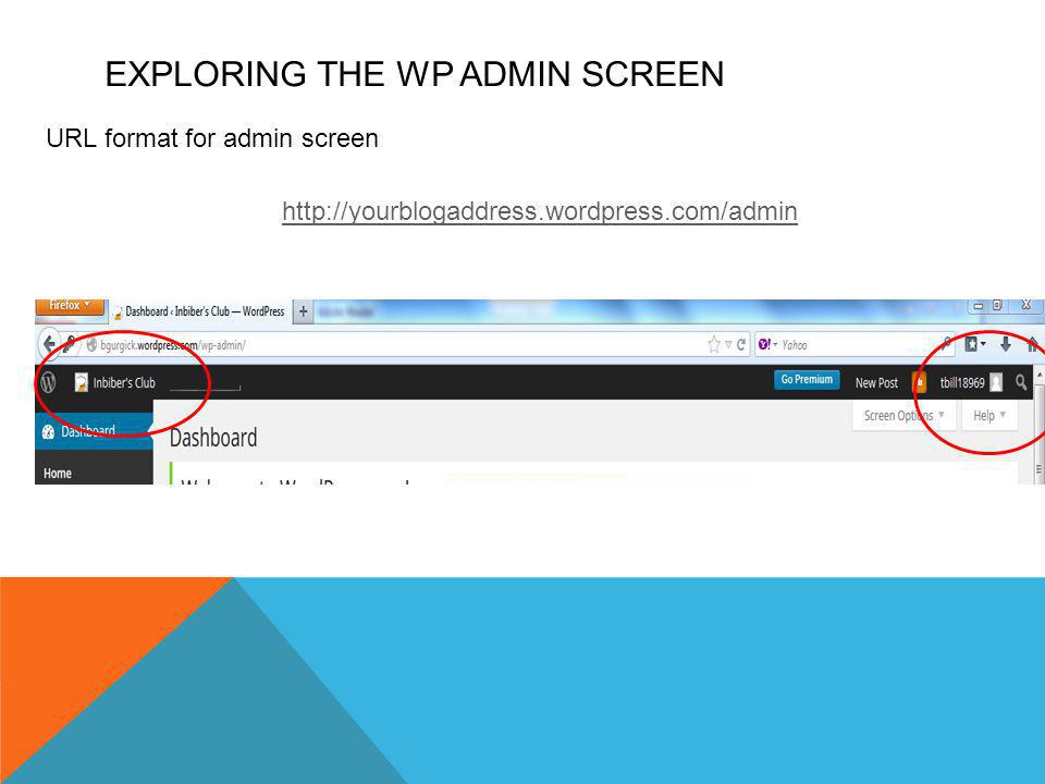 EXPLORING THE WP ADMIN SCREEN URL format for admin screen   The Admin Bar >
