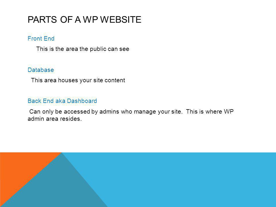 PARTS OF A WP WEBSITE Front End This is the area the public can see Database This area houses your site content Back End aka Dashboard Can only be accessed by admins who manage your site.