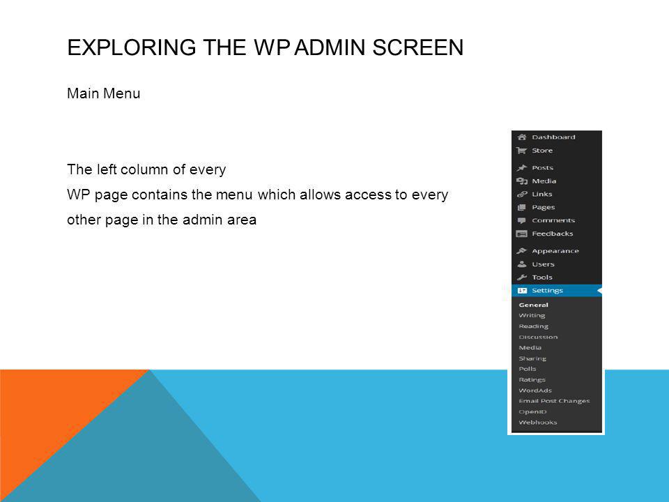 EXPLORING THE WP ADMIN SCREEN Main Menu The left column of every WP page contains the menu which allows access to every other page in the admin area