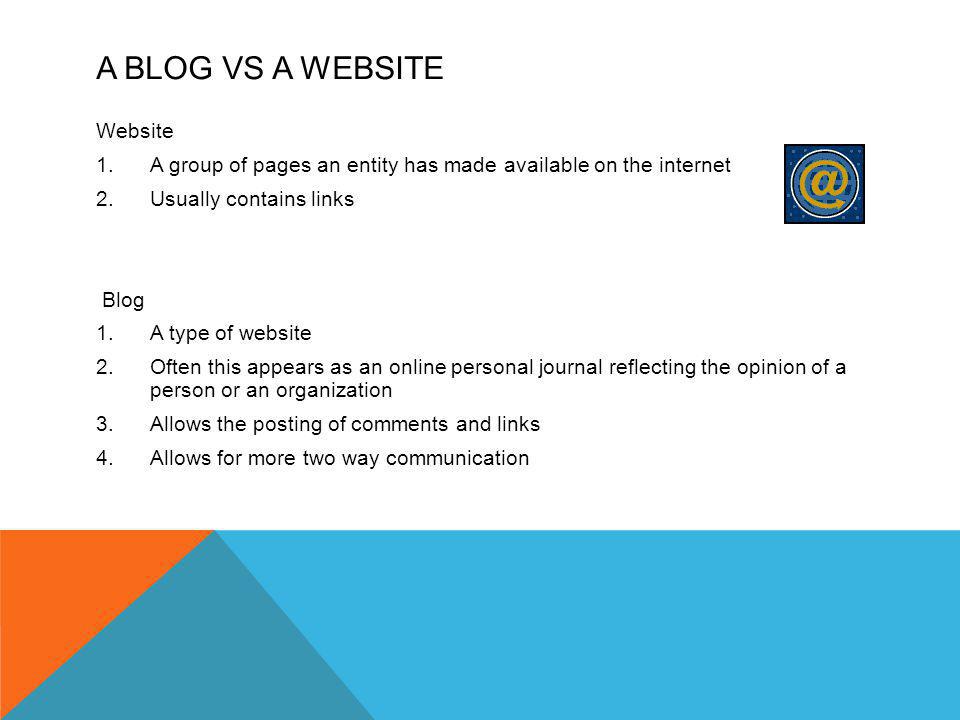 A BLOG VS A WEBSITE Website 1.A group of pages an entity has made available on the internet 2.Usually contains links Blog 1.A type of website 2.Often this appears as an online personal journal reflecting the opinion of a person or an organization 3.Allows the posting of comments and links 4.Allows for more two way communication