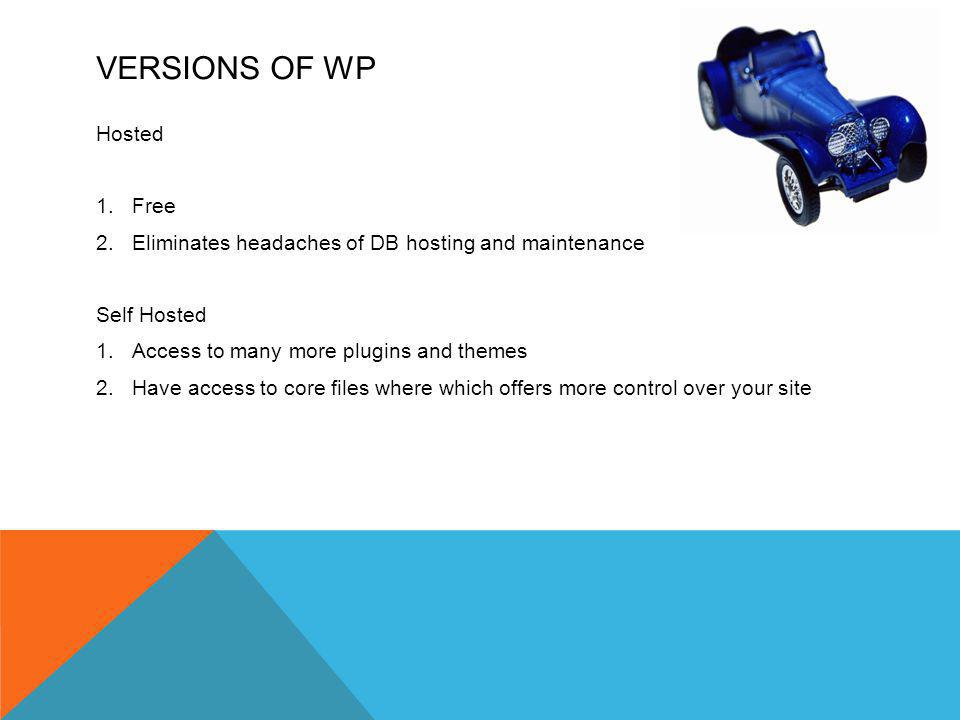 VERSIONS OF WP Hosted 1.Free 2.Eliminates headaches of DB hosting and maintenance Self Hosted 1.Access to many more plugins and themes 2.Have access to core files where which offers more control over your site