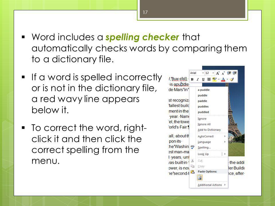  Word includes a spelling checker that automatically checks words by comparing them to a dictionary file.