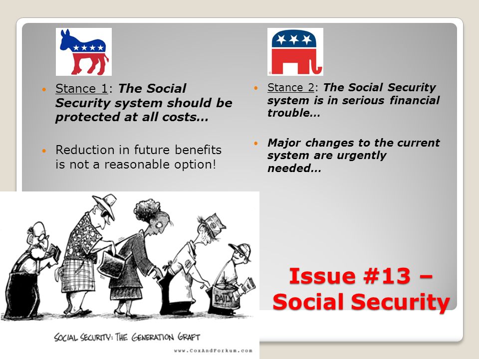 Issue #13 – Social Security Stance 1: The Social Security system should be protected at all costs… Reduction in future benefits is not a reasonable option.