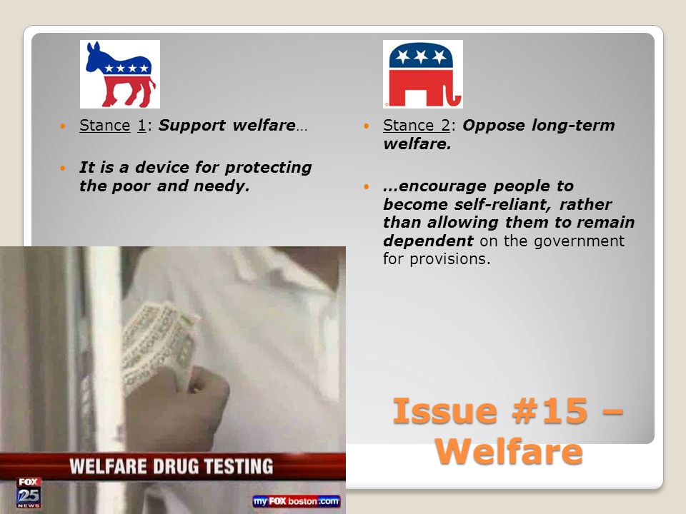 Issue #15 – Welfare Stance 1: Support welfare… It is a device for protecting the poor and needy.
