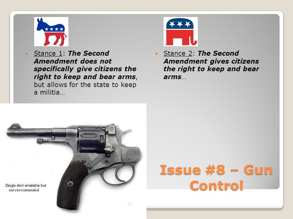 Issue #8 – Gun Control Stance 1: The Second Amendment does not specifically give citizens the right to keep and bear arms, but allows for the state to keep a militia… Stance 2: The Second Amendment gives citizens the right to keep and bear arms…