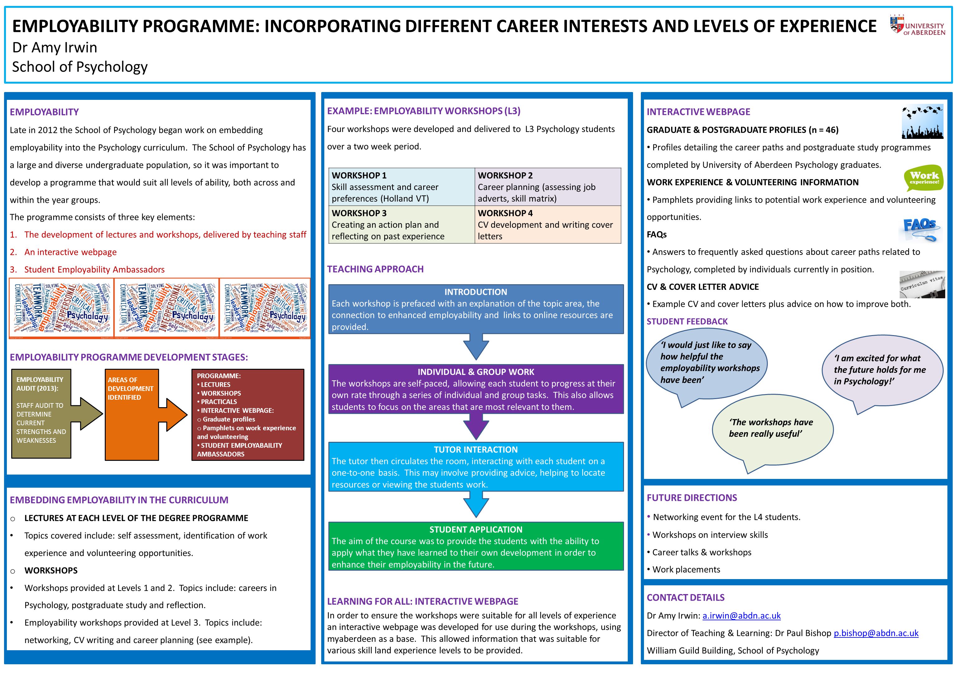 EMPLOYABILITY PROGRAMME: INCORPORATING DIFFERENT CAREER INTERESTS AND LEVELS OF EXPERIENCE Dr Amy Irwin School of Psychology EMPLOYABILITY Late in 2012 the School of Psychology began work on embedding employability into the Psychology curriculum.