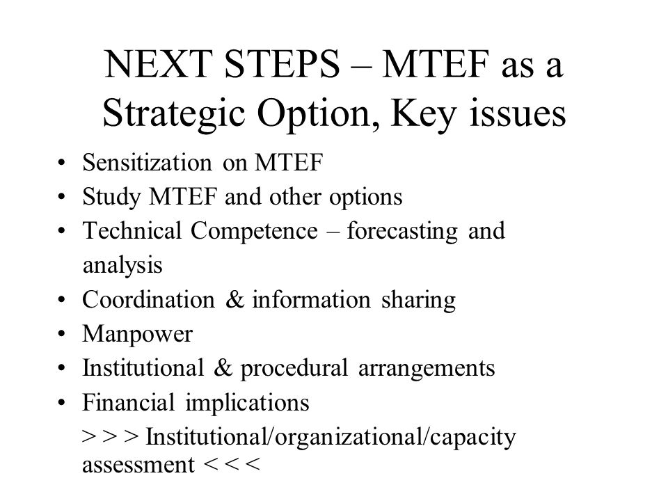 NEXT STEPS – MTEF as a Strategic Option, Key issues Sensitization on MTEF Study MTEF and other options Technical Competence – forecasting and analysis Coordination & information sharing Manpower Institutional & procedural arrangements Financial implications > > > Institutional/organizational/capacity assessment < < <