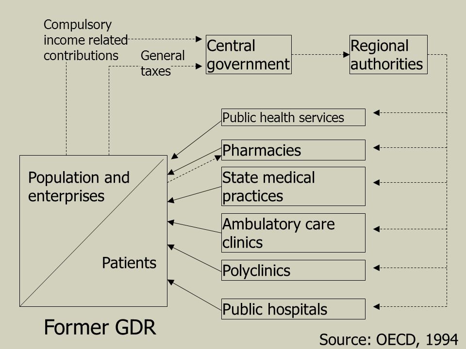 Public health services Pharmacies State medical practices Ambulatory care clinics Polyclinics Public hospitals Compulsory income related contributions General taxes Central government Regional authorities Population and enterprises Patients Former GDR Source: OECD, 1994