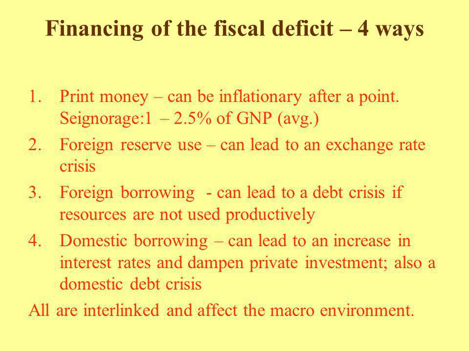 Financing of the fiscal deficit – 4 ways 1.Print money – can be inflationary after a point.