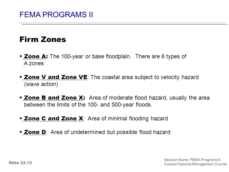 FEMA PROGRAMS II Session Name: FEMA Programs II Coastal Hazards Management Course Zone A: The 100-year or base floodplain.