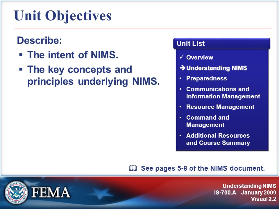 Understanding NIMS IS-700.A – January 2009 Visual 2.2 Unit Objectives Describe:  The intent of NIMS.