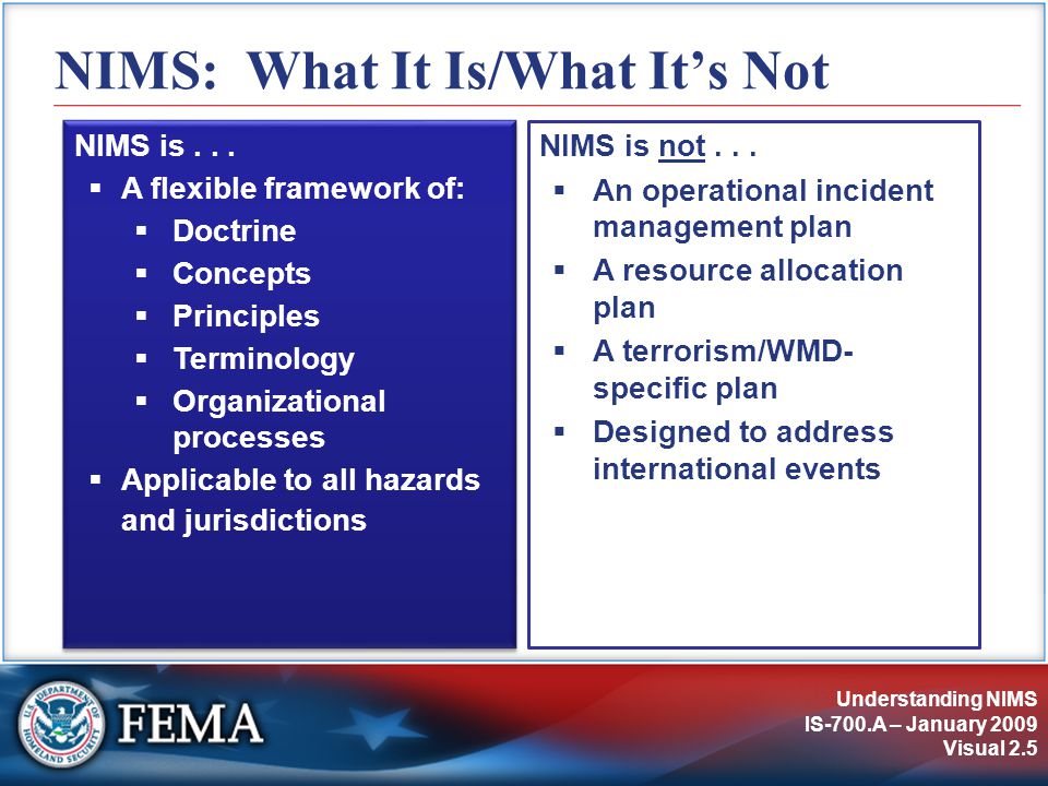 Understanding NIMS IS-700.A – January 2009 Visual 2.5 NIMS: What It Is/What It’s Not NIMS is not...