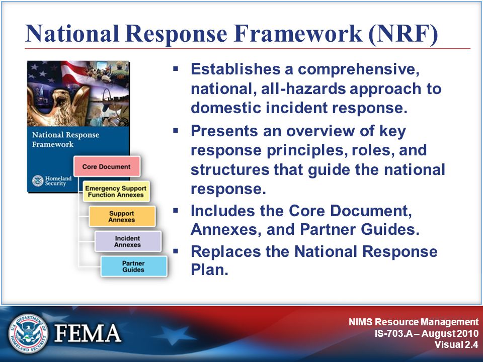 NIMS Resource Management IS-703.A – August 2010 Visual 2.4 National Response Framework (NRF)  Establishes a comprehensive, national, all-hazards approach to domestic incident response.