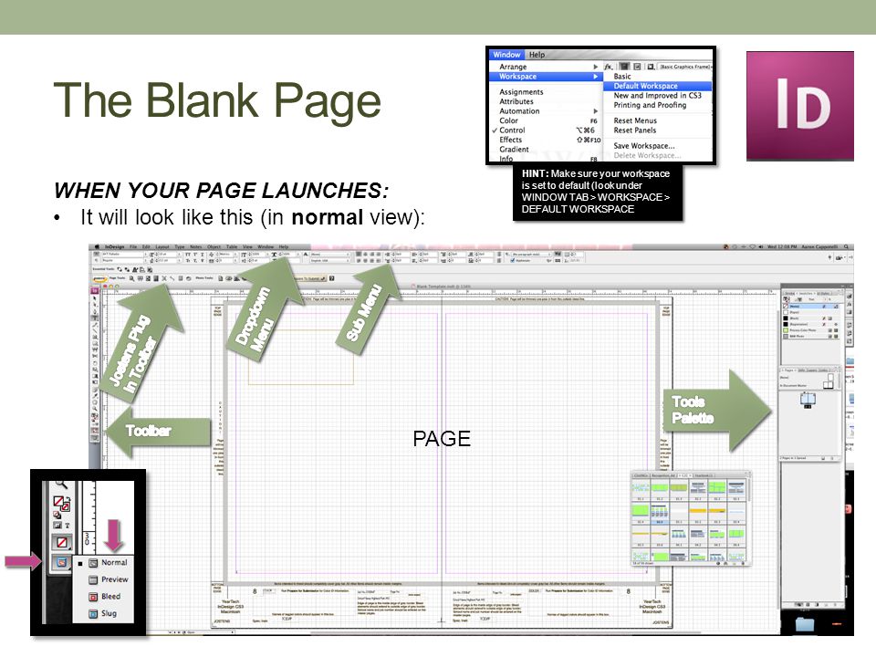 The Blank Page WHEN YOUR PAGE LAUNCHES: It will look like this (in normal view): HINT: Make sure your workspace is set to default (look under WINDOW TAB > WORKSPACE > DEFAULT WORKSPACE PAGE