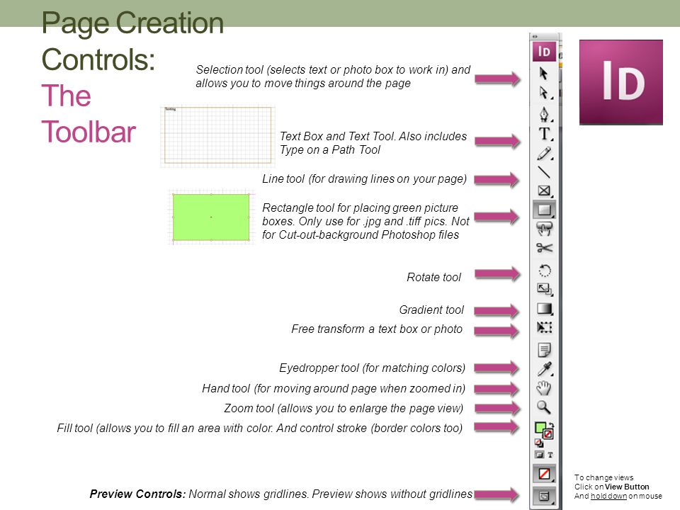 Page Creation Controls: The Toolbar Preview Controls: Normal shows gridlines.