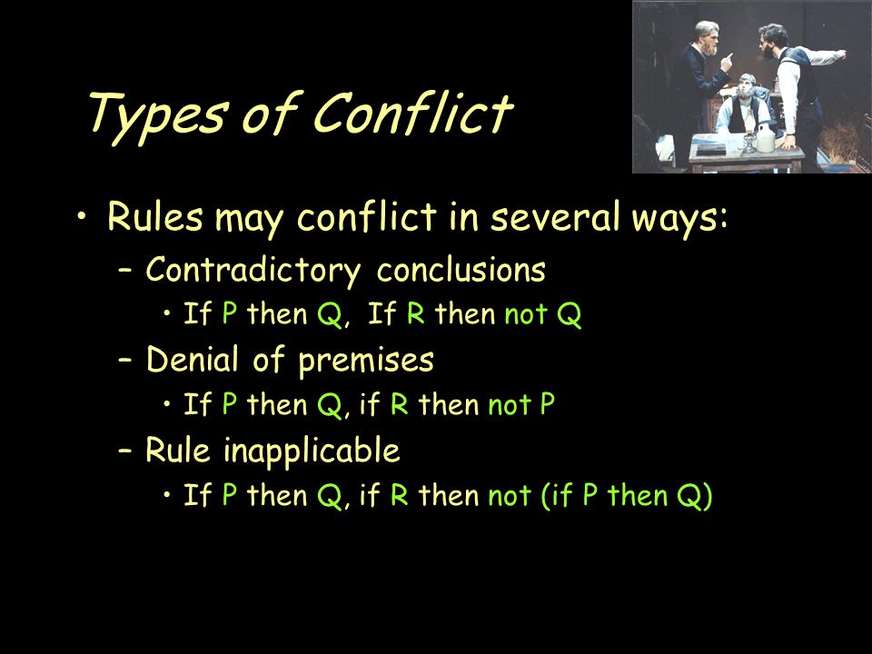 Types of Conflict Rules may conflict in several ways: –Contradictory conclusions If P then Q, If R then not Q –Denial of premises If P then Q, if R then not P –Rule inapplicable If P then Q, if R then not (if P then Q)