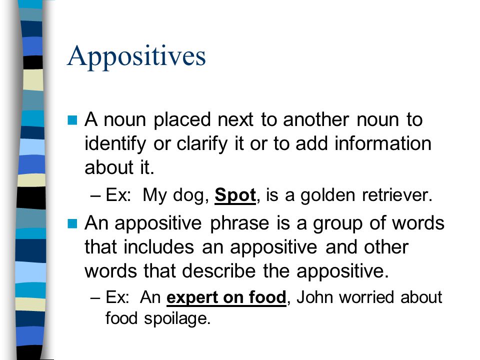 Appositives A noun placed next to another noun to identify or clarify it or to add information about it.