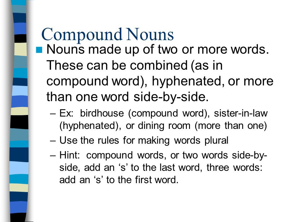 Compound Nouns Nouns made up of two or more words.