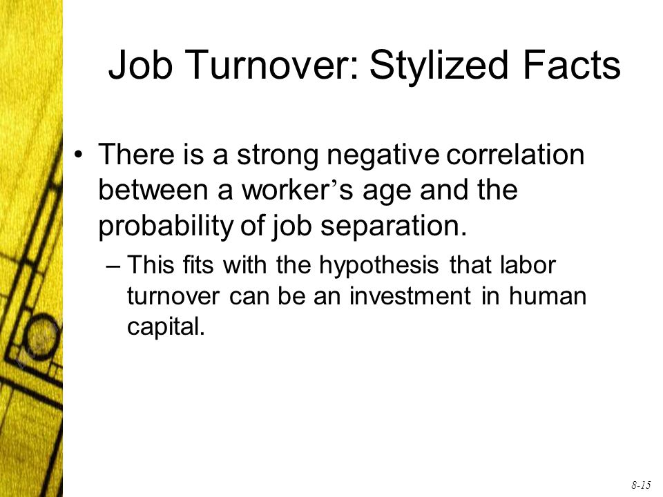 8-15 Job Turnover: Stylized Facts There is a strong negative correlation between a worker ’ s age and the probability of job separation.