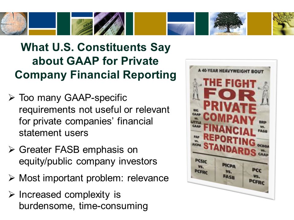  Too many GAAP-specific requirements not useful or relevant for private companies’ financial statement users  Greater FASB emphasis on equity/public company investors  Most important problem: relevance  Increased complexity is burdensome, time-consuming What U.S.