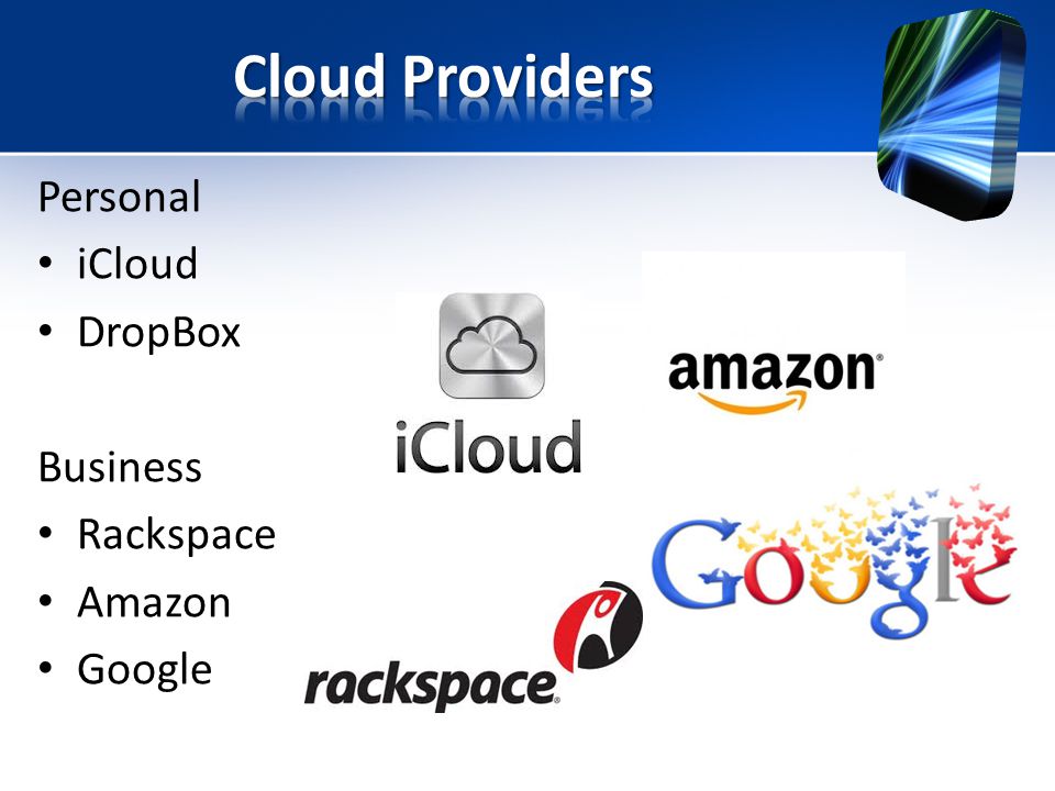 Personal iCloud DropBox Business Rackspace Amazon Google