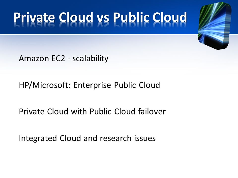 Amazon EC2 - scalability HP/Microsoft: Enterprise Public Cloud Private Cloud with Public Cloud failover Integrated Cloud and research issues