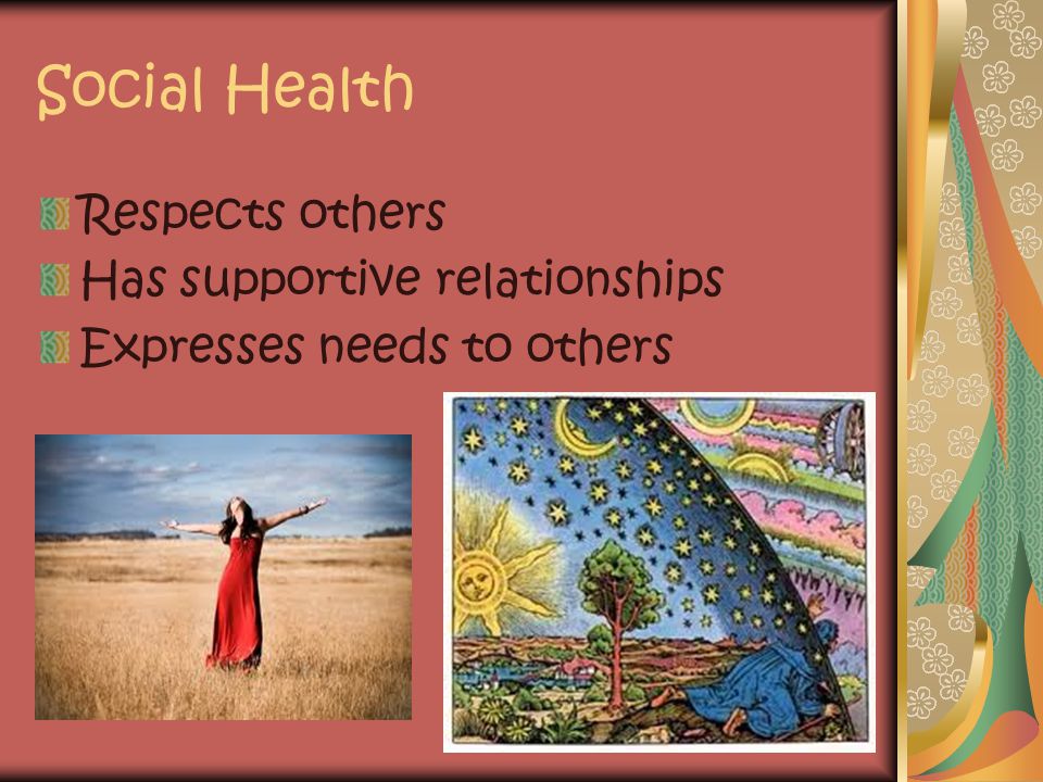 Social Health Respects others Has supportive relationships Expresses needs to others