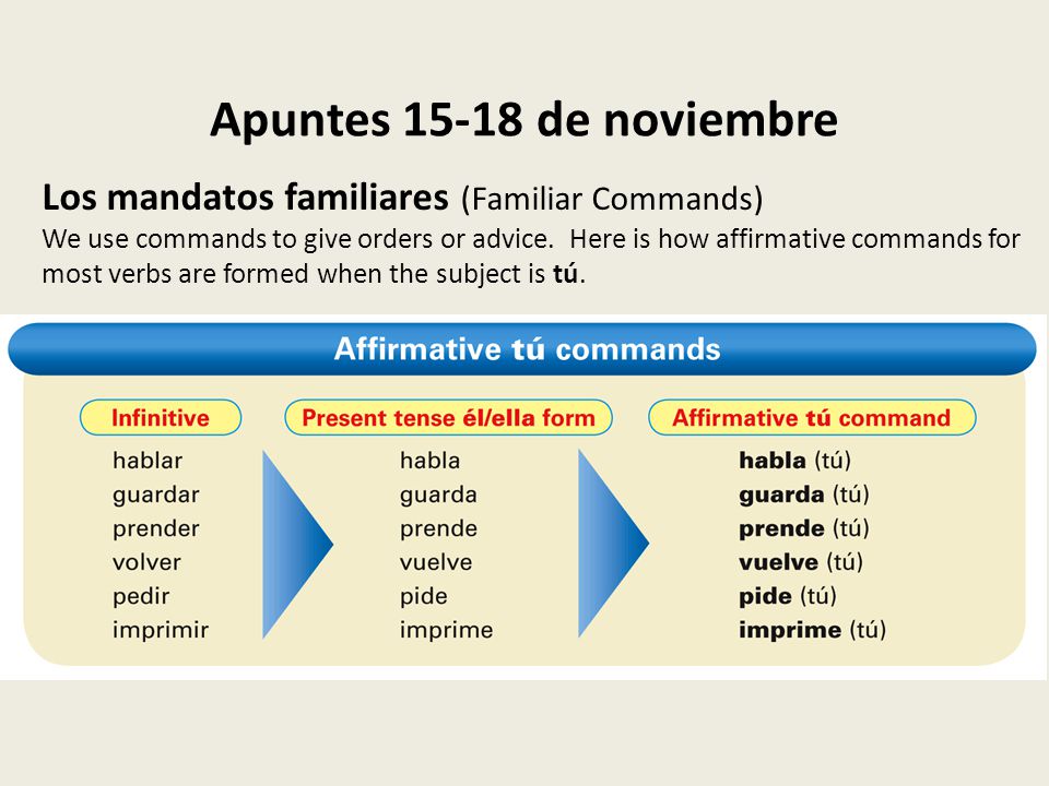 Apuntes de noviembre Los mandatos familiares (Familiar Commands) We use commands to give orders or advice.
