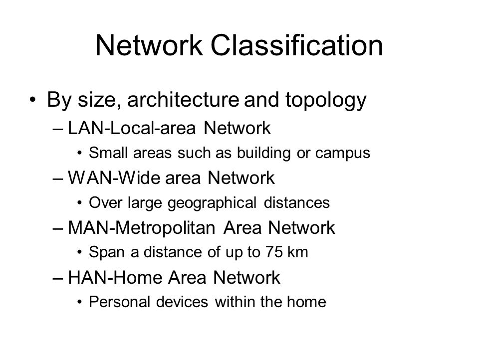 Network Classification By size, architecture and topology –LAN-Local-area Network Small areas such as building or campus –WAN-Wide area Network Over large geographical distances –MAN-Metropolitan Area Network Span a distance of up to 75 km –HAN-Home Area Network Personal devices within the home