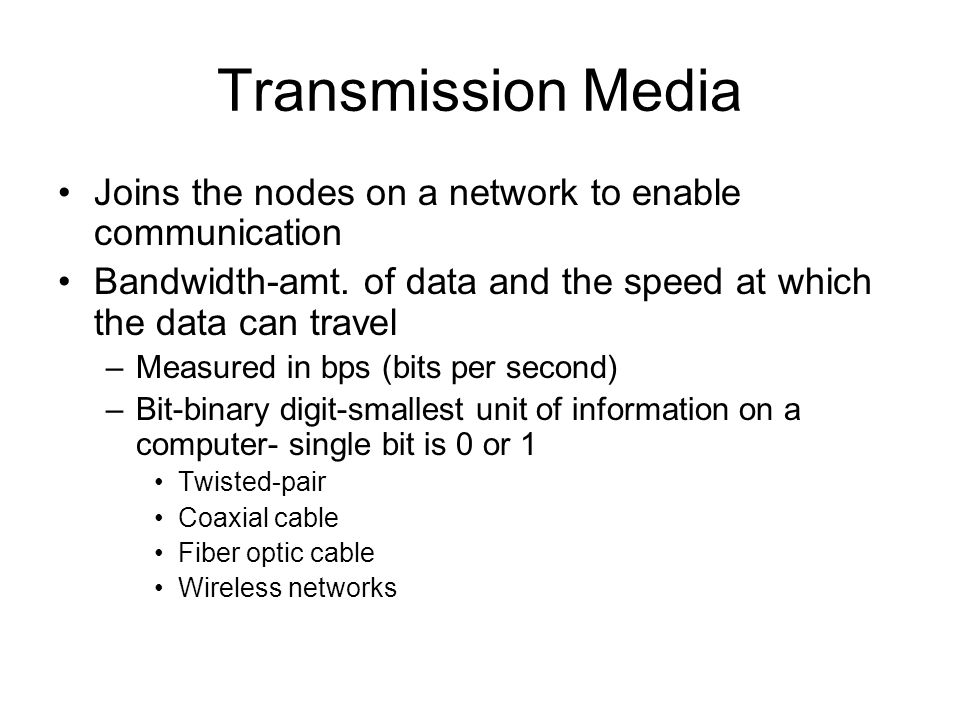 Transmission Media Joins the nodes on a network to enable communication Bandwidth-amt.