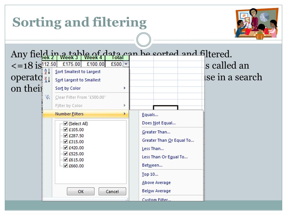 Sorting and filtering Any field in a table of data can be sorted and filtered.