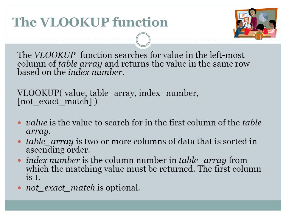 The VLOOKUP function The VLOOKUP function searches for value in the left-most column of table array and returns the value in the same row based on the index number.